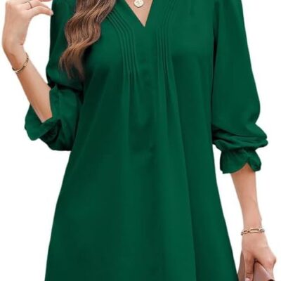 Dokotoo Womens Casual Dress A-Line Ruffle Sleeve V Neck Midi Dress 2024 Fashion Pleated Flowy Sundress Loose Shirt Dresses
