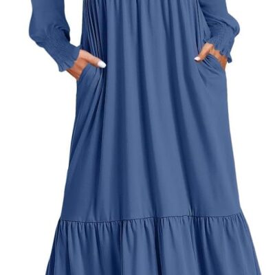 ZESICA Women's Spring Long Sleeve Dress Crewneck Casual Loose Pleated Tiered Swing Midi Dresses with Pockets