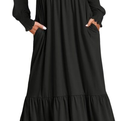 ZESICA Women's Spring Long Sleeve Dress Crewneck Casual Loose Pleated Tiered Swing Midi Dresses with Pockets