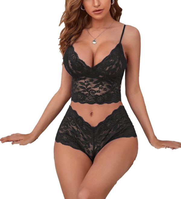 Lilosy Sexy Sheer Floral Lace Pajamas Lingerie Set High Waist Sleepwear Bra and Panty 2 Piece Nightwear - Image 3