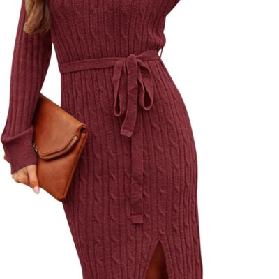 MEROKEETY Women's V Neck Cable Knit Sweater Dress Long Sleeve Bodycon Slit Pullover Midi Dress with Belt