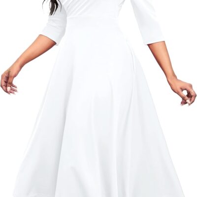 Nmoder Women's Casual Wrap Flared Midi Dress Wedding Guest Cocktail Tea Dresses A-Line Swing V-Neck 3/4 Sleeve