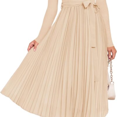 ZESICA Women's Fall Long Sleeve Midi Dress Casual Crewneck Knit Belted Pleated A Line Flowy Sweater Dresses