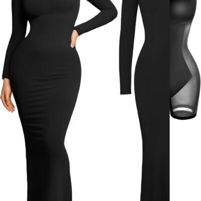Popilush Long Sleeve Maxi Dress Bodycon Cocktail Dress Shapewear Tummy Control Fall Formal Dresses Built-in Bra