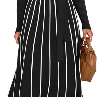 ZESICA Womens 2024 Fall Turtleneck Long Sleeve Sweater Dress Tie Waist Casual Loose Ribbed Knit A Line Midi Dresses
