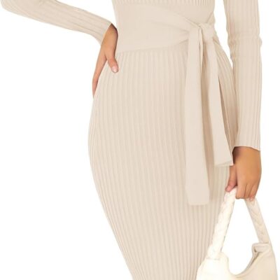 ZESICA Women's 2024 Fall Sweater Dress V Neck Long Sleeve Ribbed Knit Tie Waist Slim Fit Bodycon Midi Dresses