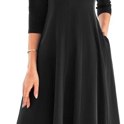GRACE KARIN Womens 2024 Fall Trendy Crew Neck 3/4 Sleeve A Line Loose Casual Midi Dress with Pockets