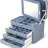 KAMIER Jewelry Boxes for Women, 4 Layer Jewelry Organizer with Mirror, 3 Drawers, Large Jewelry Box for Bracelets, Earrings, Rings, Necklaces, Mothers Day Gifts for Loved One, Bluish Grey