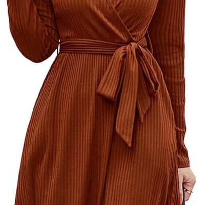 Newshows Womens 2024 Fall Sweater Dress Long Sleeve Business Casual Outfits V Neck Ribbed Knit Belt Trendy with Pockets