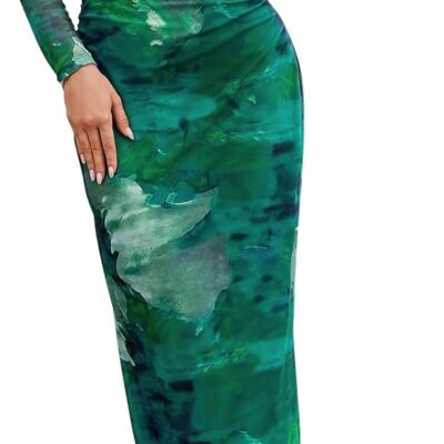 MEROKEETY Women's 2024 Long Sleeve Tie Dye Dress Bodycon Mock Neck Mesh Ruched Cocktail Maxi Dresses