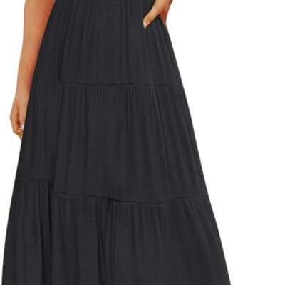 ZESICA Women's 2024 Summer Casual Flutter Short Sleeve Crew Neck Smocked Elastic Waist Tiered Midi Dress