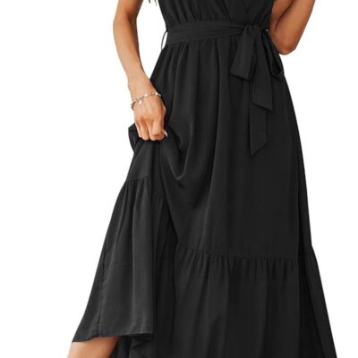 PRETTYGARDEN Women's 2024 Floral Boho Dress Wrap V Neck Short Sleeve Belted Ruffle Hem A-Line Flowy Maxi Dresses