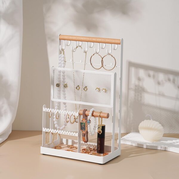 Jewelry Stand with Velvet, 5 Tier Jewelry Organizers and Storage with 15 Hooks Necklace Holder and Earring Organizer Net,Wooden Handing Bar for Bracelets, Watches, Rings - White - Image 4