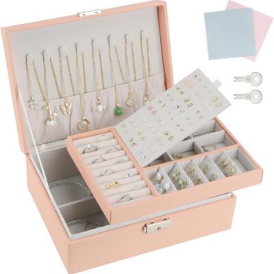 OWill Jewelry Box Earring Holder Organiser for Girls Women,PU Leather Pink Jewellery box with Earrings Rings Necklaces Holder