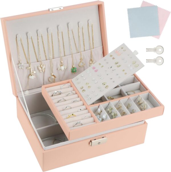 OWill Jewelry Box Earring Holder Organiser for Girls Women,PU Leather Pink Jewellery box with Earrings Rings Necklaces Holder