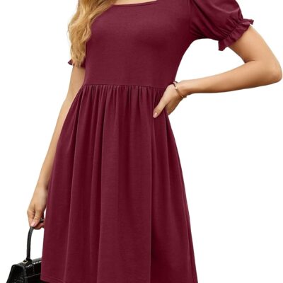 GRECERELLE Womens Summer Dresses Square Neck Ruffle Puff Sleeve A-Line Casual Mini Dress