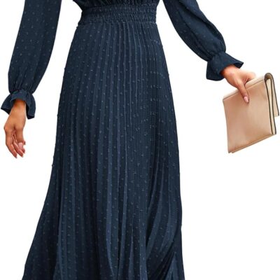 PRETTYGARDEN Women's 2024 Fall Midi Dress Casual Long Sleeve V Neck Swiss Dot Pleated A Line Flowy Dresses