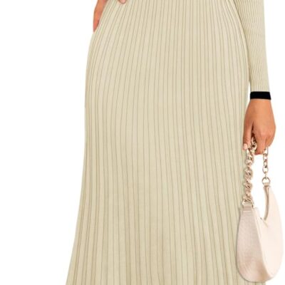 ZESICA Women's Long Sleeve Sweater Dress 2024 Fall Crewneck Ribbed Knit Pleated A-Line Maxi Wedding Guest Dresses