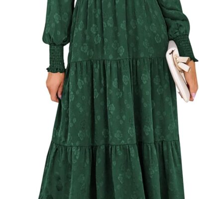 PRETTYGARDEN Women's Fall Midi Dress Long Sleeve Floral Smocked Elegant Wedding Guest Long Flowy Dresses with Pockets