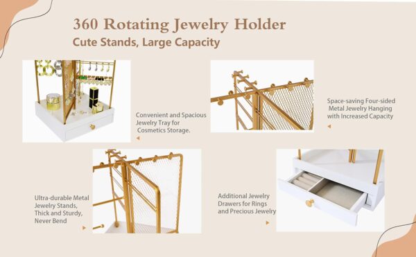 Jewelry Organizer Stand, Display Earring Tree, Necklace Holder Tower, Neatly Hanging Ring, Bracelet, Includes Wooden Drawer, Gift for Women Girl - Image 7