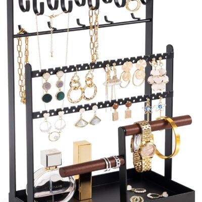 ProCase Jewelry Organizer Stand Necklace Organizer Earring Holder, 6 Tier Jewelry Stand Necklace Holder with 15 Hooks, Jewelry Tower Display Rack Storage Tree for Bracelets Earrings Rings -Black