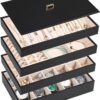 Voova Stackable Jewelry Organizer Tray with Lid, PU Leather Jewelry Storage Holder for Drawer Inserts, Jewellery Display Box Case for Earring Necklace Ring Watch Bracelet (Set of 4, Black)