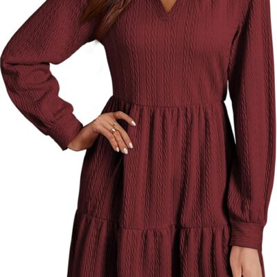 Dokotoo Womens Dresses 2024 Long Sleeve V Neck Textured Casual Tiered Ruffle A-Line Swing Mini Babydoll Dress