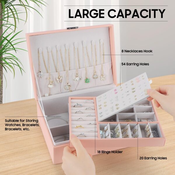 OWill Jewelry Box Earring Holder Organiser for Girls Women,PU Leather Pink Jewellery box with Earrings Rings Necklaces Holder - Image 3