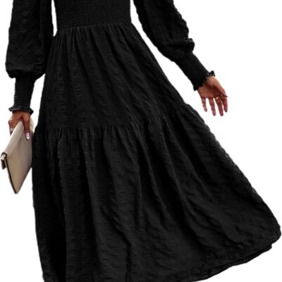 PRETTYGARDEN Women 2024 Puff Long Sleeve Crewneck Smocked Maxi Dress Solid Empire Waist Tiered A-line Swing Flowy Long Dress