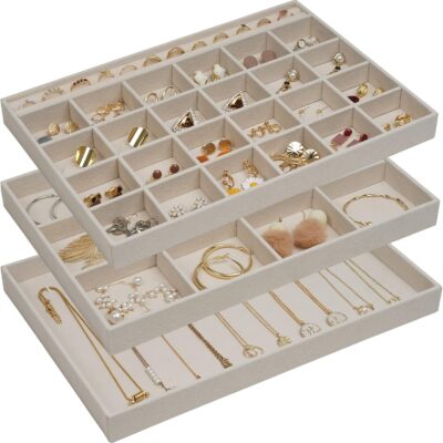 ProCase 3 Stackable Jewelry Trays Organizer Set for Drawers, Jewellery Drawer Insert Divider Jewel Display Storage with Removable Dividers for Earring Necklace Bracelet -Beige