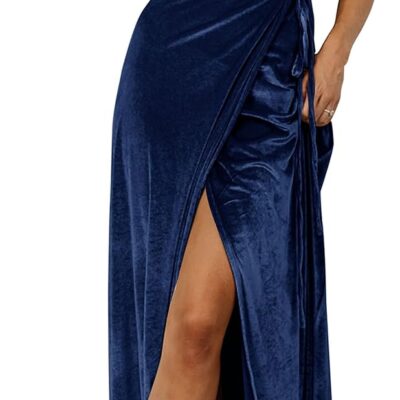 MEROKEETY Women's V Neck Wrap Velvet Maxi Dress Bell Sleeve Split Bridesmaid Cocktail Party Dresses