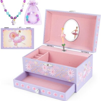 Music Jewellery Box with Drawer Necklace Bracelet, Musical Jewelry Storage Case with Spinning Ballerina Gift Set for Kids Girls Children Daughter (Pink Dancer)