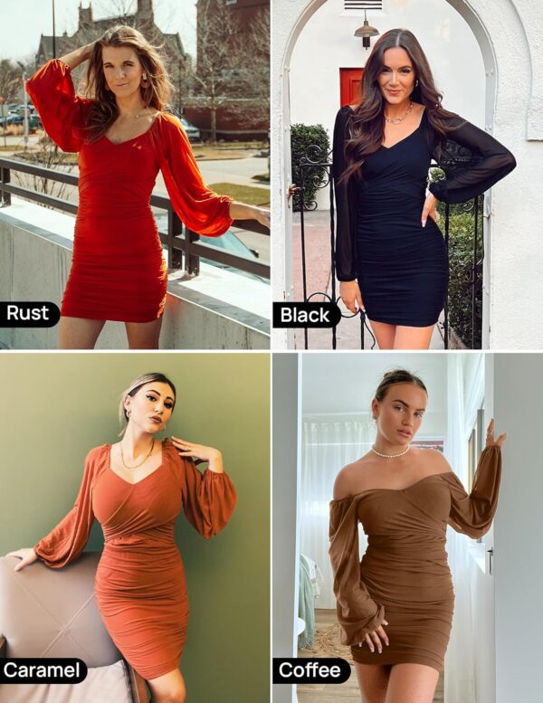 ZESICA Women's Sexy V Neck Ruched Bodycon Mini Dress Puff Long Sleeve Cocktail Wedding Party Short Dresses - Image 6